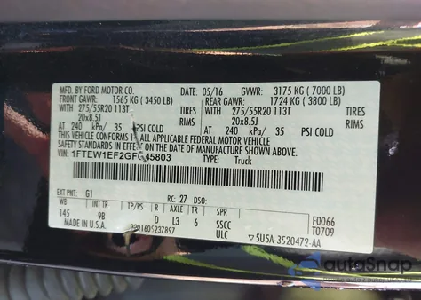 2016 Ford F-150 Platinum из США, поврежденный, VIN 1FTEW1EF2GFC45803